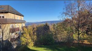 une maison sur une colline avec des arbres et un bâtiment dans l'établissement Weltenbummler Lodge in Schwarzenberg, à Schwarzenberg/Erzgebirge