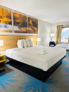 ein Hotelzimmer mit einem großen Bett mit weißen Kissen in der Unterkunft HomeLodge Newnan in Newnan