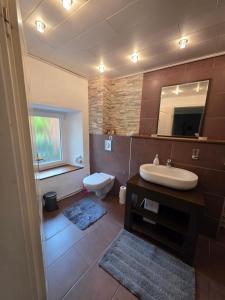 a bathroom with a sink and a toilet and a mirror at Gästenzimmer Louis in Ediger-Eller