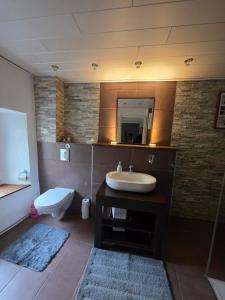 a bathroom with a sink and a toilet and a mirror at Gästenzimmer Louis in Ediger-Eller
