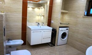 une salle de bain avec un lavabo et une machine à laver dans l'établissement Domki nad jeziorem Ostoja Głuszyńska, à Potołówek 24 autres photos