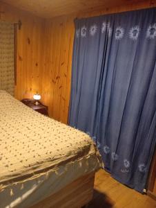 ein Schlafzimmer mit einem Bett mit einem blauen Vorhang in der Unterkunft Casa Prana in Balneario Buenos Aires
