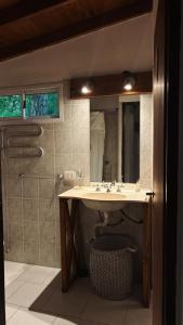a bathroom with a sink and a shower with a mirror at Nuevos Aires in Mar de las Pampas