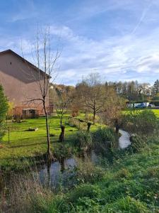 un petit ruisseau dans un champ arboré et un bâtiment dans l'établissement Maison familiale en lisière de forêt, à Val-et-Châtillon 10 autres photos
