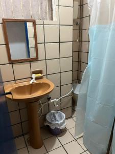 a bathroom with a sink and a mirror and a toilet at Canto do Florescer in Pesqueira