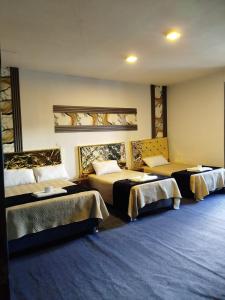 ein Hotelzimmer mit 2 Betten und einem blauen Teppich in der Unterkunft Concubinas del Inca in Cajamarca