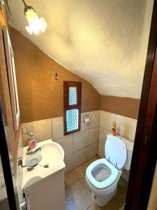 ein kleines Badezimmer mit Toilette und Waschbecken in der Unterkunft Dúplex Del Mar, ideal para descansar en familia - Ayres del Bosque Alojamientos in Pinamar