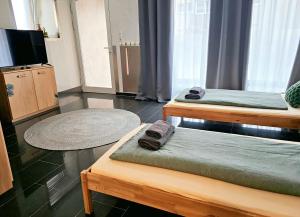 ein Zimmer mit zwei Betten und einem Flachbildfernseher in der Unterkunft Gästeappartement Viktoria in Sinsheim