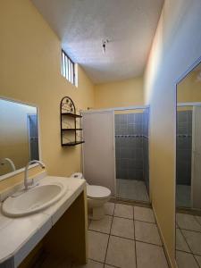 a bathroom with a sink and a toilet and a shower at Casa en Manzanillo in Manzanillo
