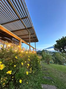 un autobus scolaire garé à côté d'un champ de fleurs dans l'établissement Alto Paraíso Glamping "B", à Carmen de Viboral