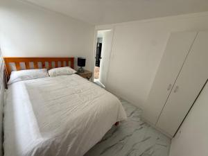 um quarto branco com uma cama e um armário em 2bed granny flat close to Auckland Airport em Auckland