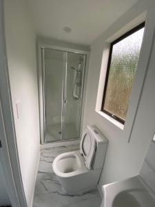 um pequeno banheiro com vaso sanitário e chuveiro em 2bed granny flat close to Auckland Airport em Auckland