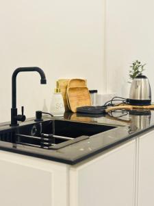 Una encimera de cocina con un fregadero y una estufa. en Muthumala Villa, en Tangalle