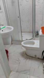 une salle de bain avec un lavabo, des toilettes et une douche dans l'établissement Villa Room 1, à Fujaïrah