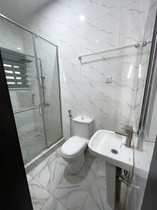 ein Badezimmer mit Toilette, Dusche und Waschbecken in der Unterkunft Luxurious 2bedroom Apartment PS5 in Ibadan