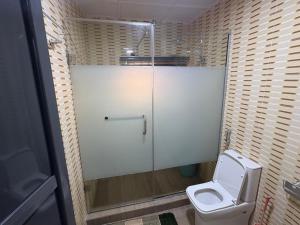 a bathroom with a toilet and a glass shower stall at Avapartmentrentals in Okunola +15 photos