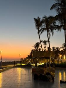 a group of animals laying on a sidewalk with palm trees at Luxury sea view apartment in Dahariz, Salalah شقة بحرية فاخرة بمنطقة الدهاريز السياحية بصلالة ظفار in Salalah