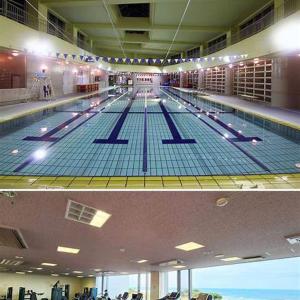 zwei Bilder eines Swimmingpools in einem Gebäude in der Unterkunft OGU HOUSE Moon in Iijima