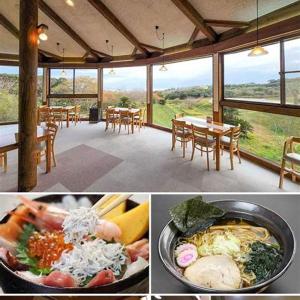 eine Collage mit Bildern eines Restaurants mit Essen in der Unterkunft OGU HOUSE Moon in Iijima