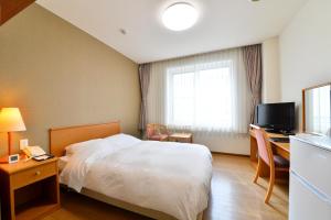 a hotel room with a bed and a desk and a television at KKRhakodate in Hakodate
