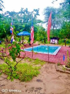 a swimming pool with two flags and an umbrella at Camp Zora Selous in Kwangwazi