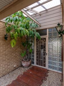 a patio with a glass door with a potted plant at River Murray Views in Nildottie +28 photos