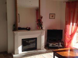 un salon avec une cheminée et une télévision dans l'établissement Gîte spacieux avec piscine et terrasse en village - FR-1-589-637, à Hennecourt