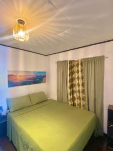 a bedroom with a green bed and a chandelier at Panagsama Holiday Cottage in Moalboal