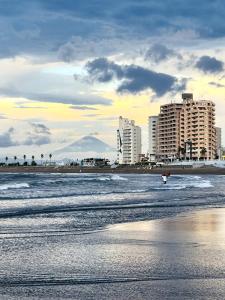 eine Person mit einem Surfbrett im Wasser am Strand in der Unterkunft 鎌倉江の島 腰越駅徒歩3分海まで5分 2025年新築貸切一戸建て in Kamakura