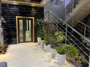 un pasillo con macetas junto a una escalera en Hotel Elegant, en Andizhan
