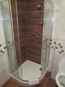 bagno con doccia e servizi igienici di Apartmán Stožec Ema a Stožec