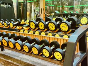 una habitación llena de muchas filas de mancuernas en Glory Regency Hotel, en Yuba 16 fotos más