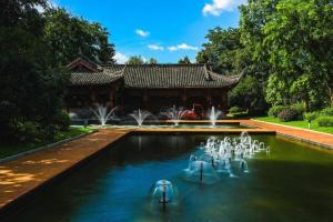 un groupe de cygnes dans une piscine devant un bâtiment dans l'établissement Borrman Hotel Chongqing Bishan Central Street, à Daxing
