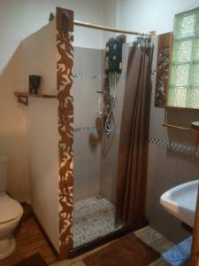une salle de bain avec douche et toilettes dans l'établissement Nicolas Homestay Mekong Home, à Pakse