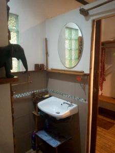une salle de bain avec un lavabo et un miroir dans l'établissement Nicolas Homestay Mekong Home, à Pakse
