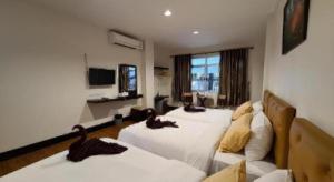 deux chats assis sur deux lits dans un salon dans l'établissement Rajapruek Place, à Chiang Mai