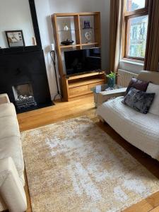 una sala de estar con un sofá y una chimenea en Unique Duplex Apartment in the heart of Dalkey with 2 Luxurious Bedrooms, en Dalkey
