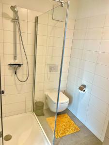 Un baño con ducha y WC. en miniLOFT apartments Linz, en Linz