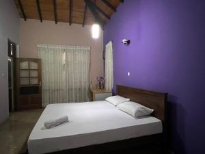 キャンディにあるSky rise mount hotelの紫の壁のベッドルーム1室