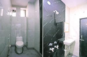two pictures of a bathroom with a toilet and a shower at Hotel The Green International in New Delhi +22 photos