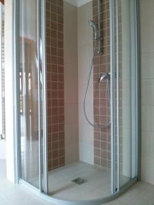 a shower with a glass enclosure in a bathroom at Fügefa Vendégház in Orfű +21 photos