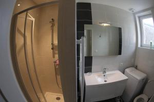 a bathroom with a sink and a shower at GAUTIER 3 Etoiles in Granville