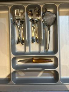 a tray with utensils and spoons and forks at Blue Sapphire Studio Apartment in Ghaziabad +9 photos