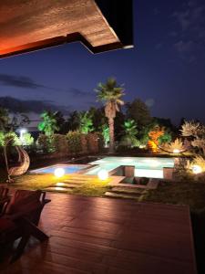 a night view of a swimming pool with a palm tree at Real Love Villas in Sapanca