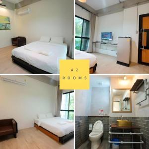 a collage of four pictures of a bedroom with a room at OnMyWayResort in Ban Wang Takhrai