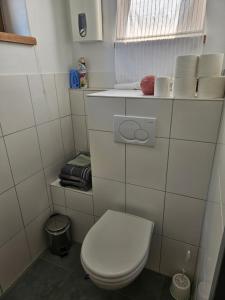 ein weißes Bad mit einem WC und einem Fenster in der Unterkunft EifelFerienscheune in Wiesbaum