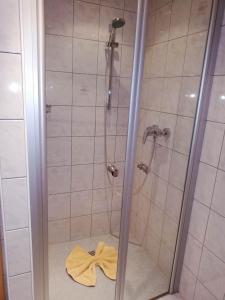 a shower with a glass door with a yellow towel at Dreimäderlhaus in Aussersiggam
