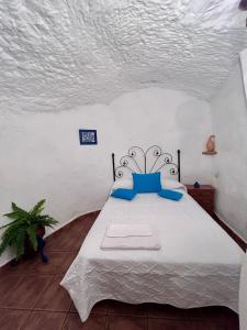 a bedroom with a white bed with blue pillows at Casa Triana in Cuevas del Campo