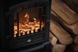 a fireplace with a fire in it at U Šuterů Boutique Hotel in Prague