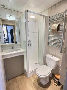 a bathroom with a toilet and a shower and a sink at Chez Tao in Carqueiranne